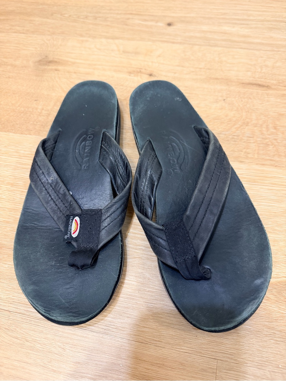 Rainbow Black Women’s Leather Flip Flops with Woven Straps